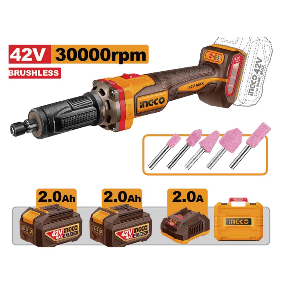[UCDGLI42012] Rectificador inalámbrica 1/4" 42V BL + 2 baterías 2.0Ah + cargador + maleta INGCO