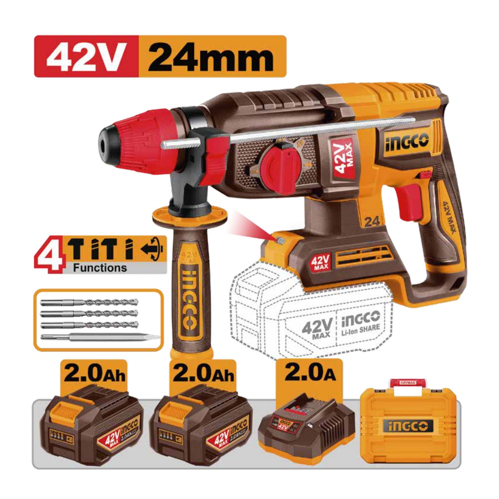 [UCRHLI422482] Rotomartillo 15/16" BL 42V + 2.4J 2 baterías 2.0Ah + cargador + maleta INGCO