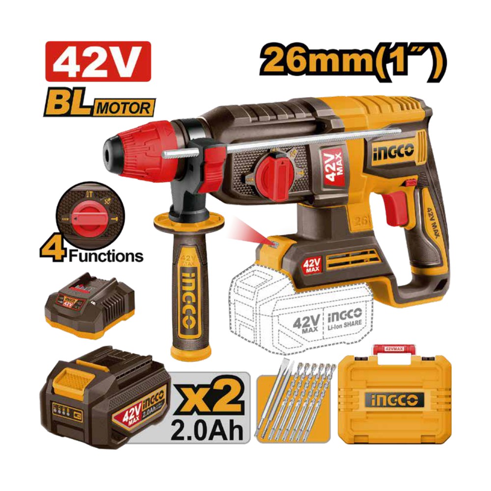 [UCRHLI422682] Rotomartillo 1" BL 42V 2,5J + 2 baterías 2.0Ah + cargador + maleta