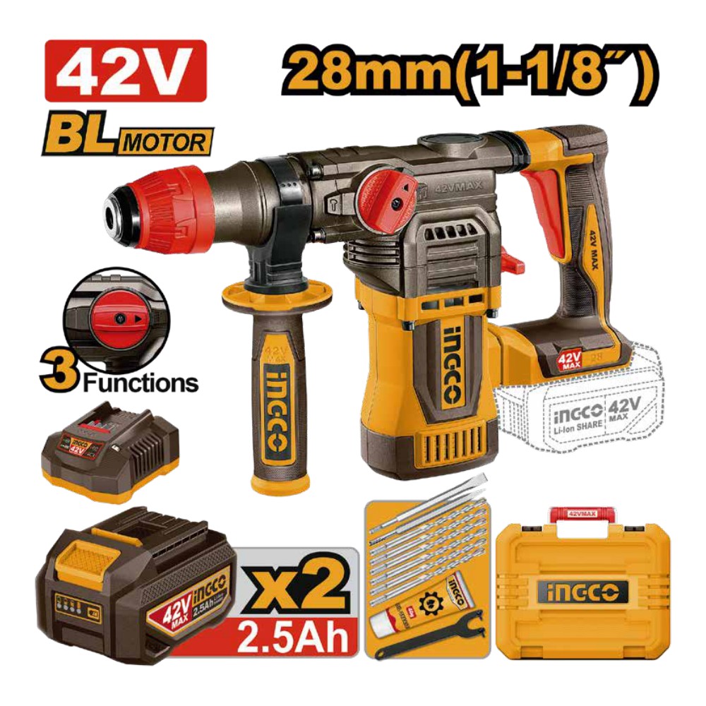 [UCRHLI422882] Rotomartillo 1-1/8" BL 42V 4,5J + 2 baterías 2.5Ah + cargador + maleta