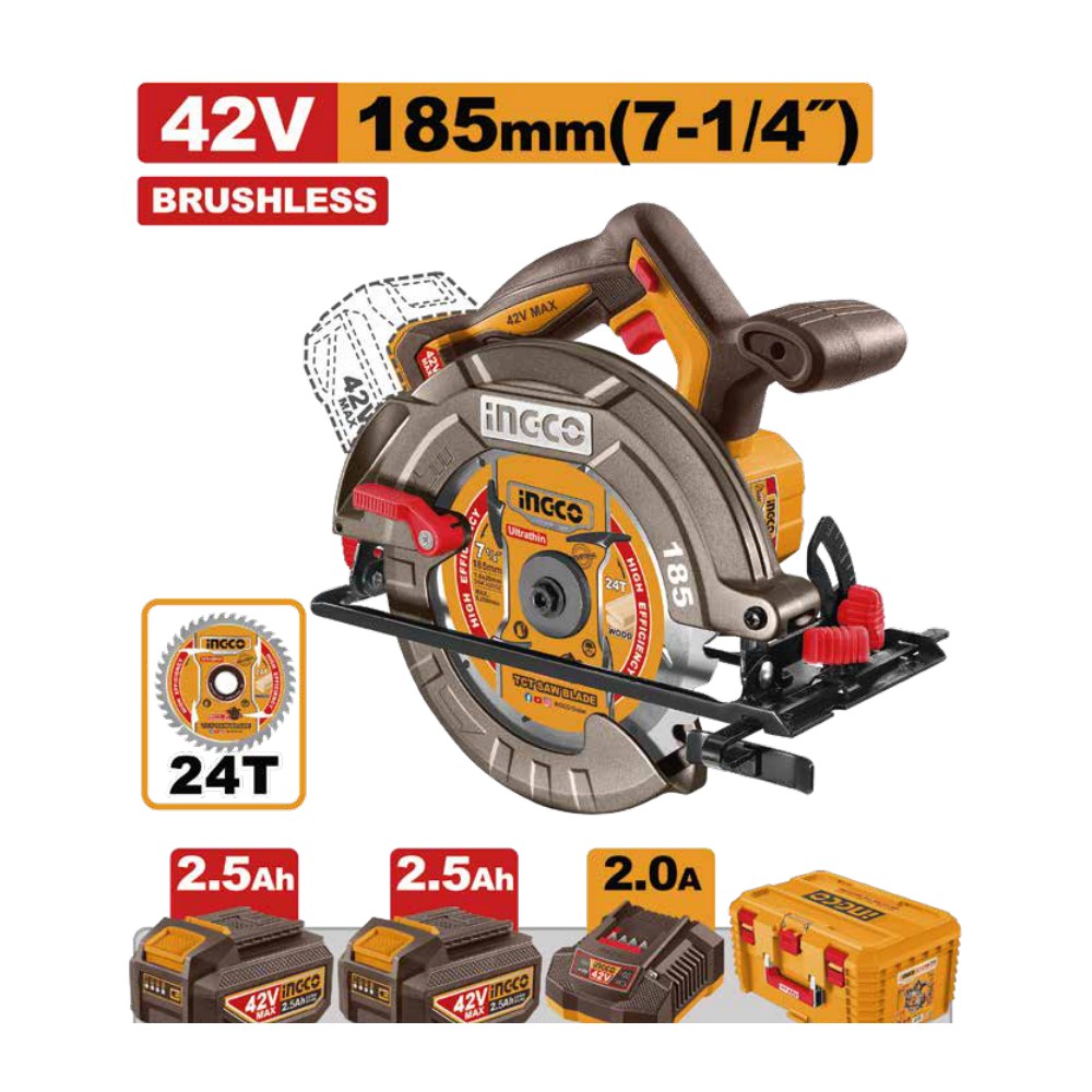 [UCSLI4218512] Sierra circular de iones de litio 7-1/4" BL 42V + 2 baterías 2.5Ah + cargador + maleta INGCO