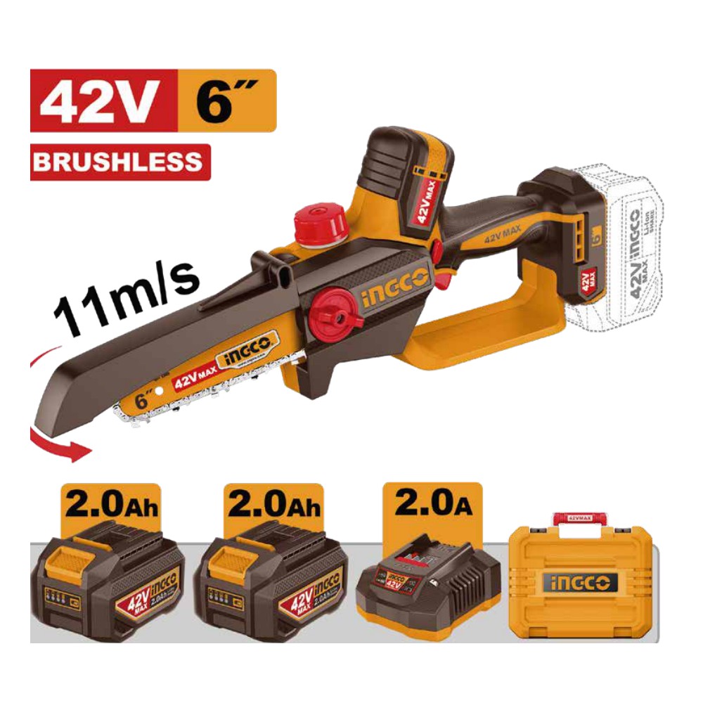 [UCGSLI42681] Sierra podadora inalámbrica 6" BL 42V + 2 baterías + cargador + maleta INGCO