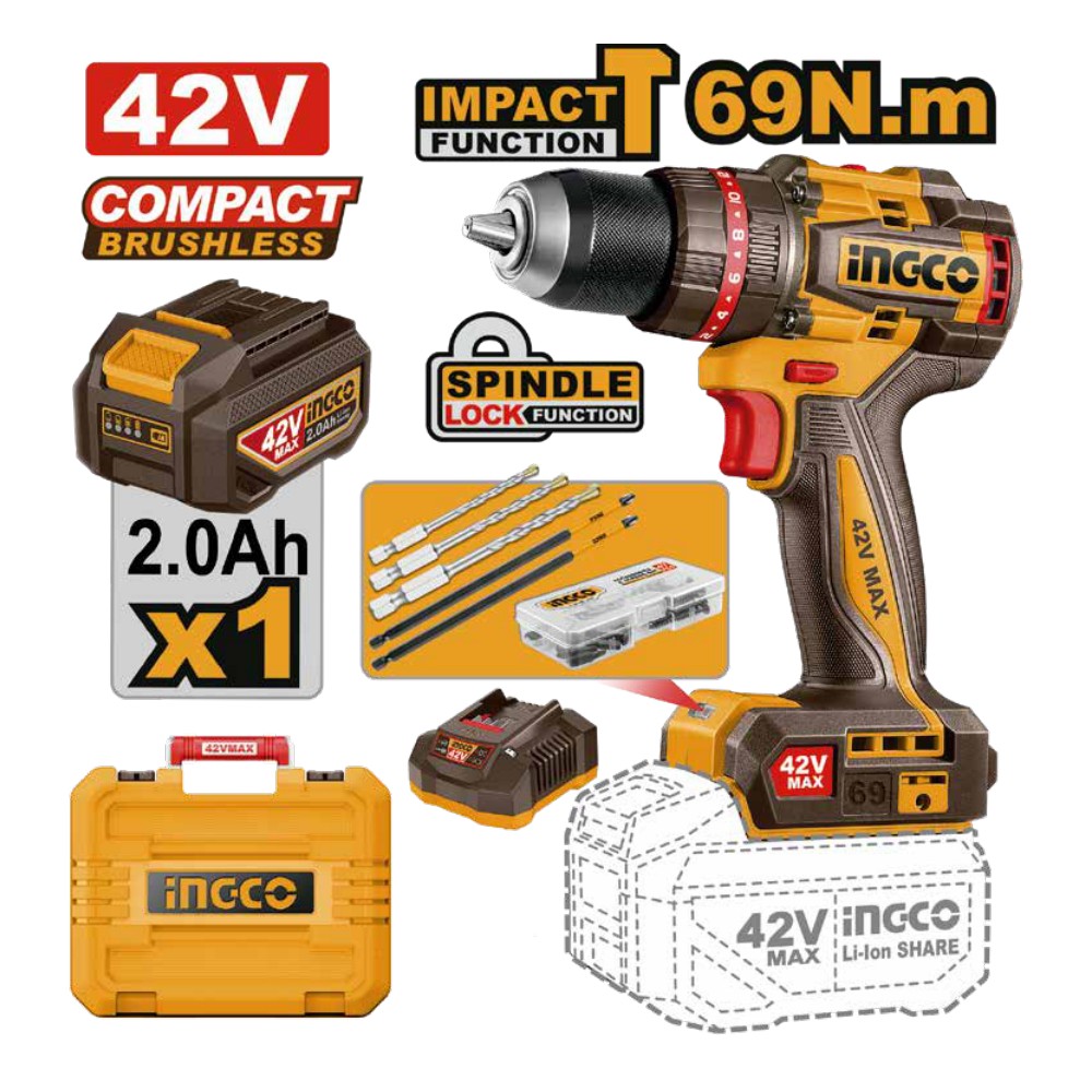 [UCIDLI426981] Taladro de impacto 1/2" BL 42V 69 N.m + 1 batería 2.0Ah + cargador + maleta INGCO