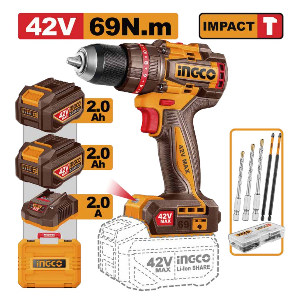 [UCIDLI426982] Taladro de impacto 1/2" BL 42V 69 N.m + 2 baterías 2.0Ah + cargador + maleta INGCO