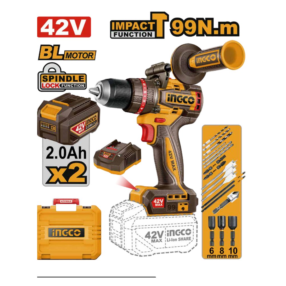 [UCIDLI429982] Taladro de impacto 1/2" BL 42V 99 N.m + 2 baterías 2.0Ah + cargador + maleta INGCO