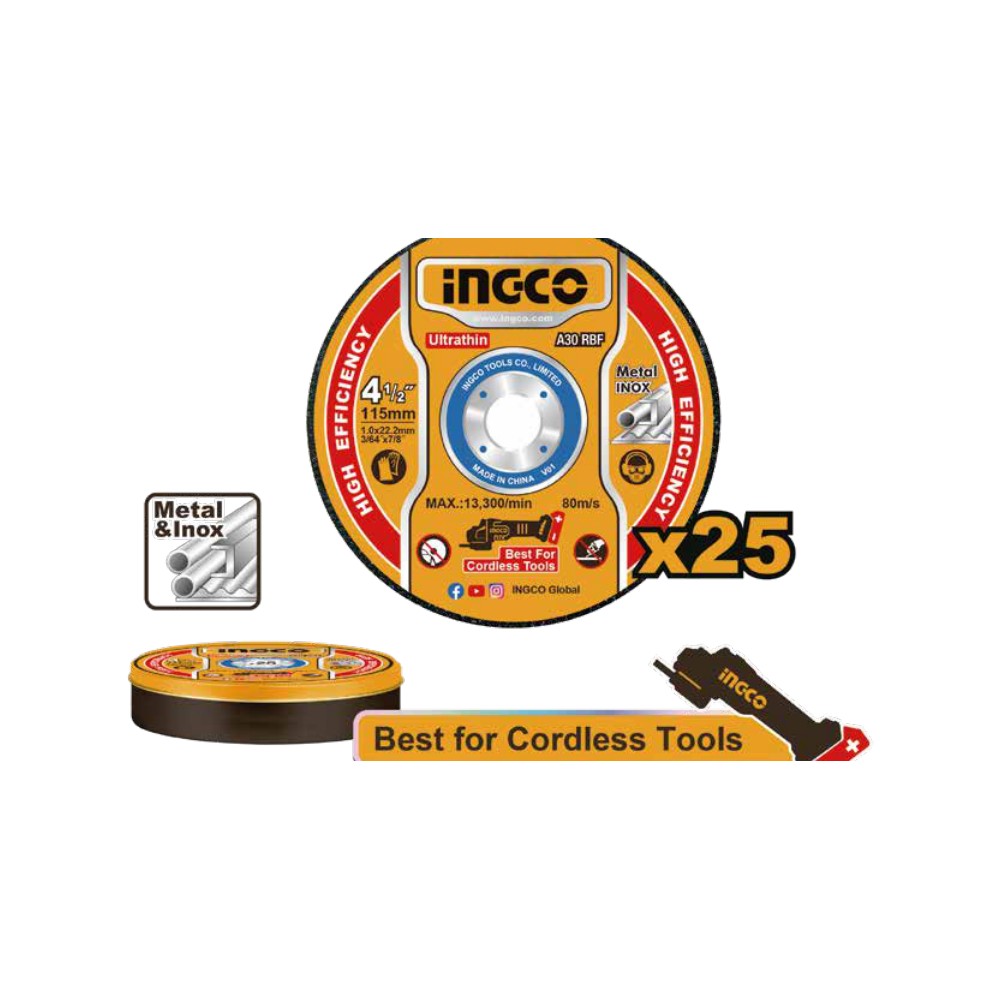 Juego discos corte metal ultrafino (4-1/2"x3/64"x7/8") 115MMX1.0MMX22.2MM 25PCS