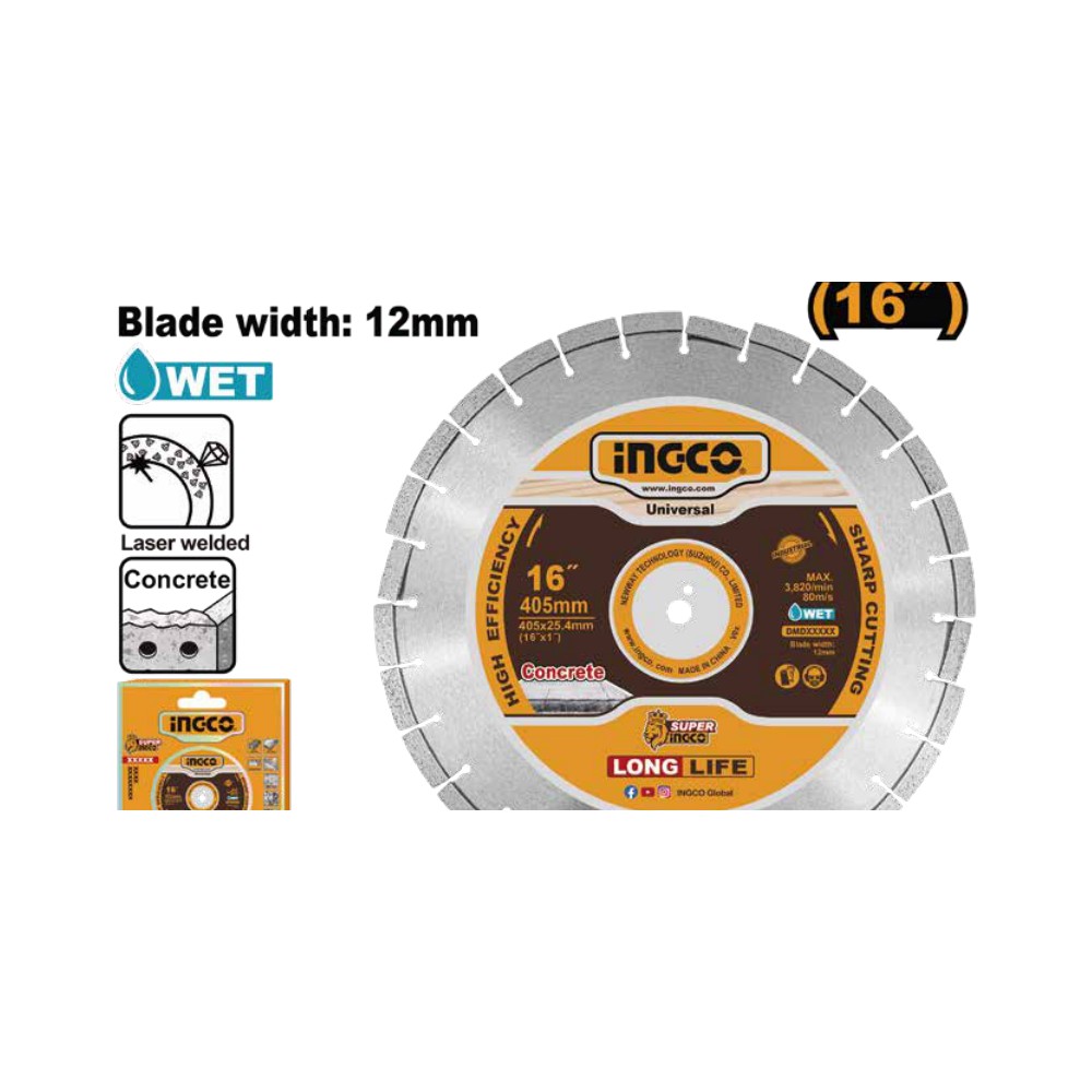 Disco diamante cortar concreto 16" industrial INGCO.