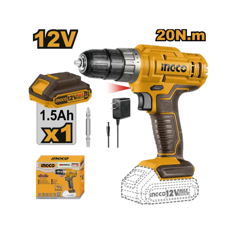 Taladro inalámbrico 3/8" 12V 20 N.m + 1 batería 1.5Ah + cargador