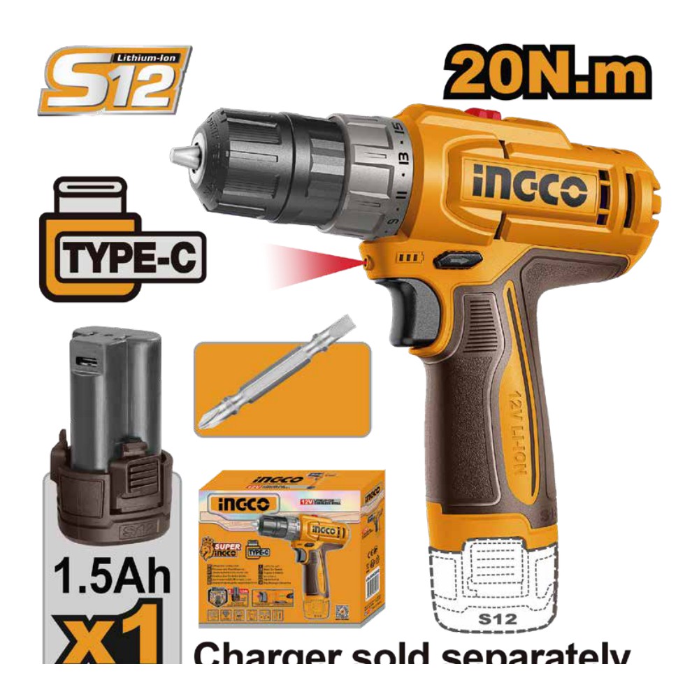 Taladro inalámbrico 3/8" 12V 20 N.m + 1 batería 1.5Ah + maleta INGCO
