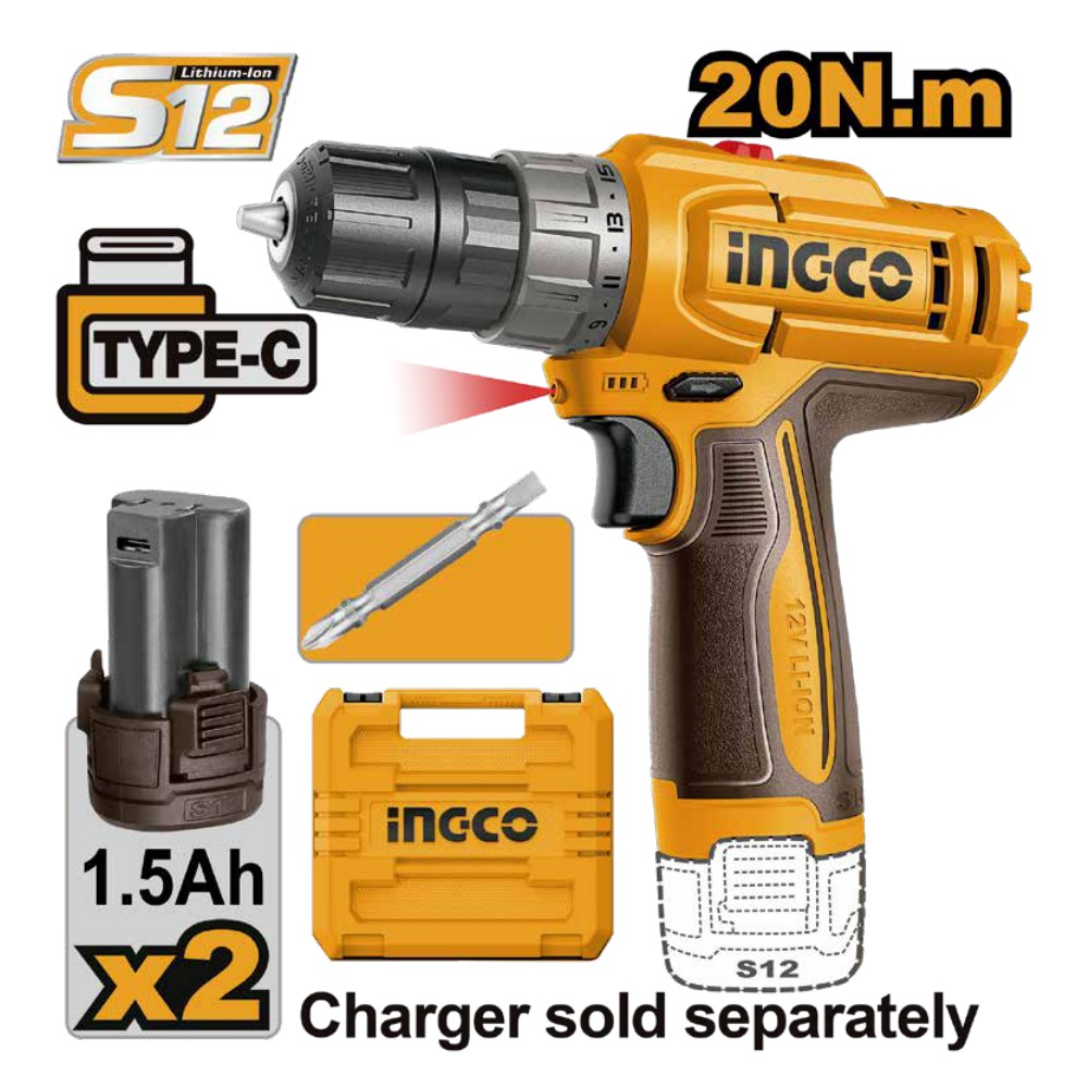 Taladro inalámbrico 3/8" 12V 20 N.m + 2 baterías 1.5Ah + maleta INGCO