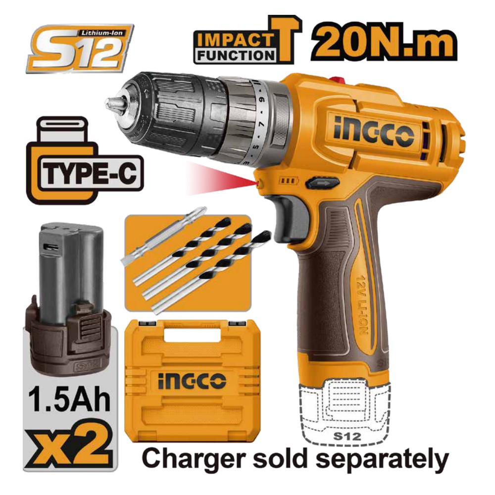 Taladro de impacto 3/8" 12V 20 N.m + 2 baterías 1.5Ah + maleta INGCO