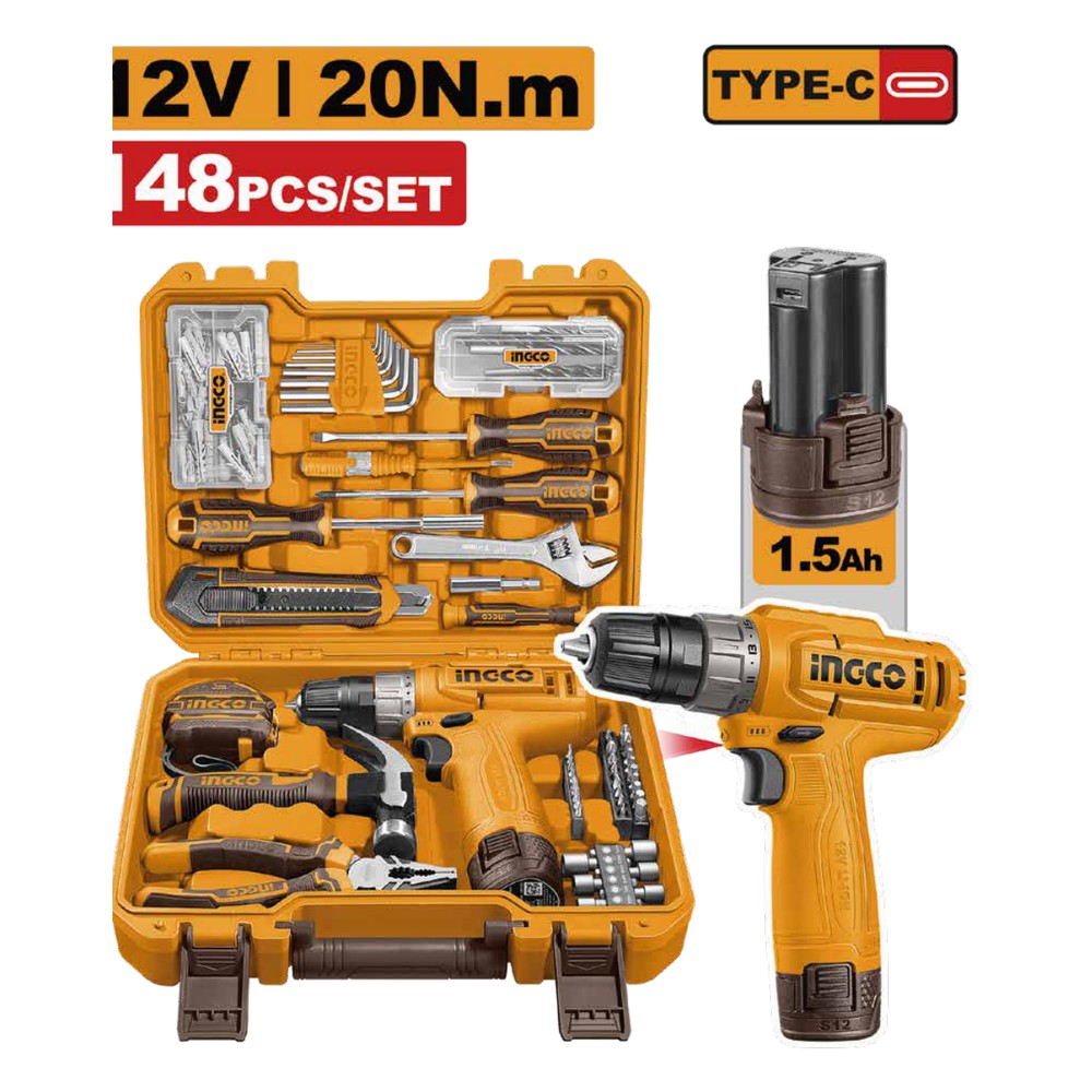Juego de herramientas 148 PCS con taladro 12V 20 N.m INGCO