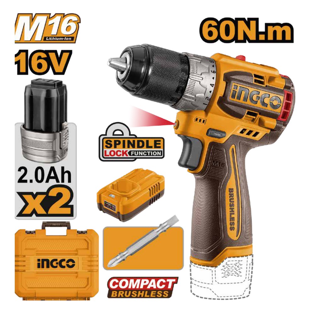 Taladro inalámbrico 1/2" BL 16V 60 N.m + 2 baterías 2.0Ah + cargador + maleta INGCO