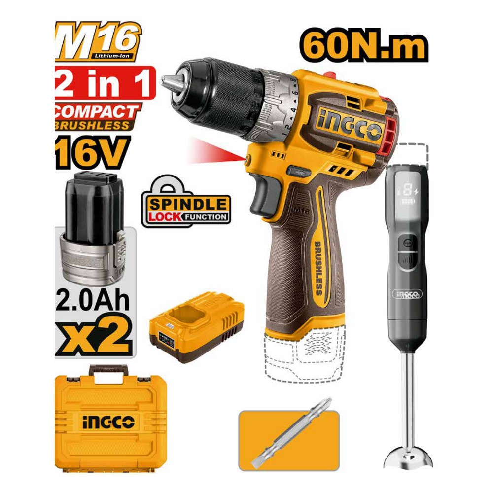 Juego combinado de 2PCS taladro inalámbrico 1/2" BL 16V 60 N.m + batidora + 2 baterías 2.0Ah + cargador + maleta