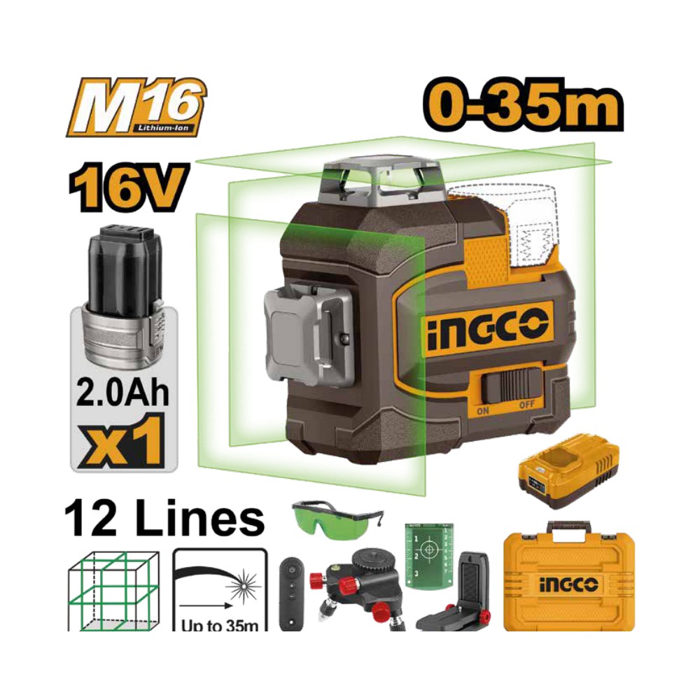 [UHLL301201] Laser de linea autonivelante luz verde 12 lineas 35M 16V + 1 batería 2.0Ah + cargador + maleta