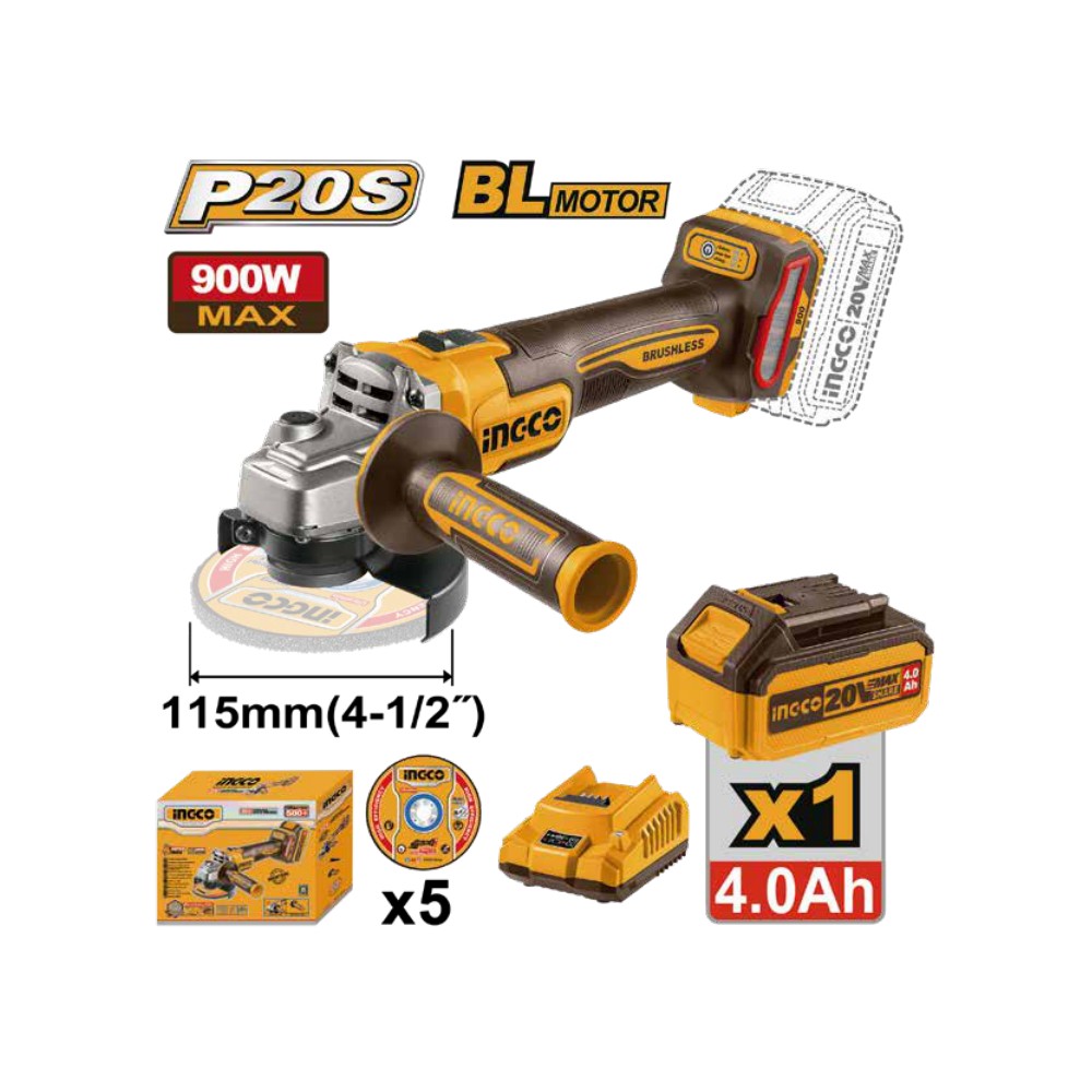Amoladora angular 4-1/2 BL 20V 900W + 1 batería 4.0Ah + cargador INGCO