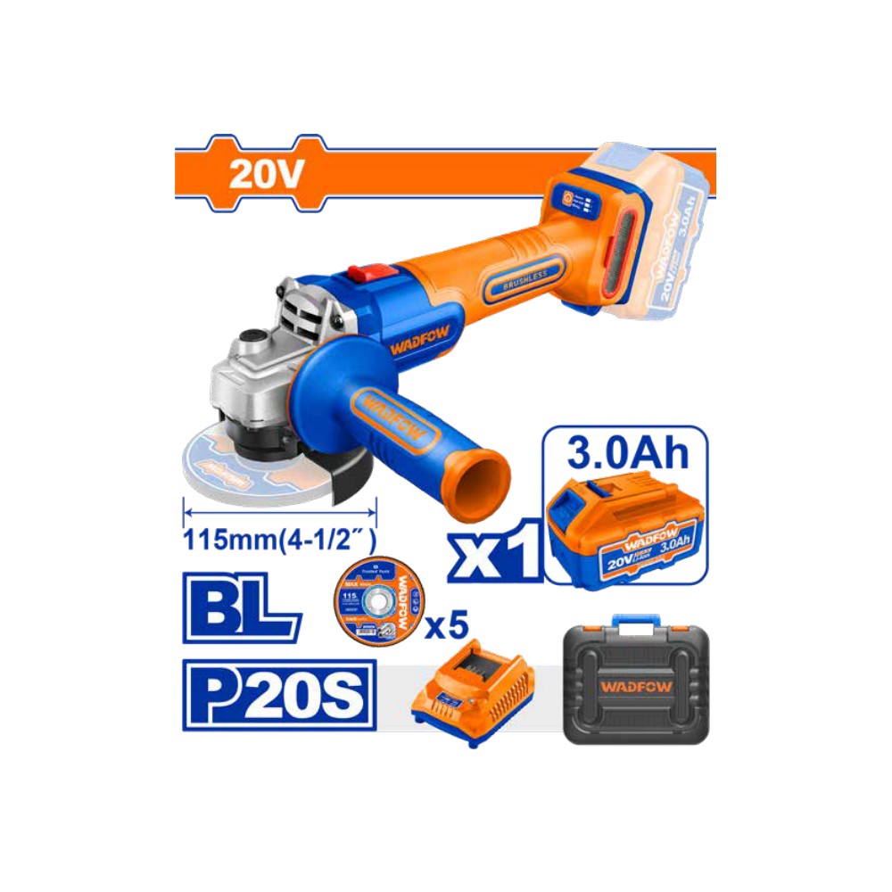 [UWLAP522] Amoladora angular 4 1/2" BL 20V + 1 batería 3.0Ah + cargador