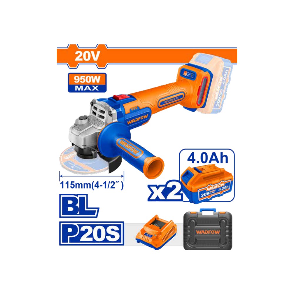 Amoladora angular 4 1/2" BL 20V + 2 baterías 4.0Ah + cargador + maleta