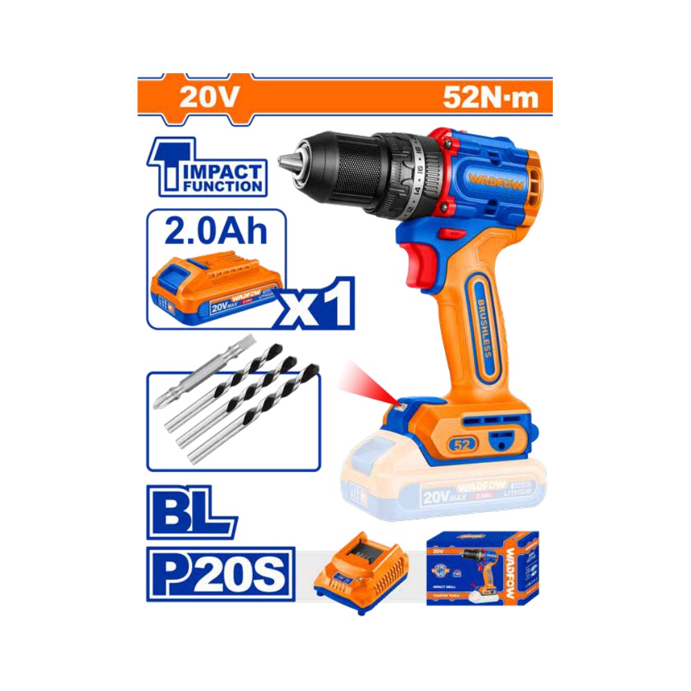 Taladro de impacto 1/2" 20V 52 N.m + 1 batería 2.0Ah + cargador