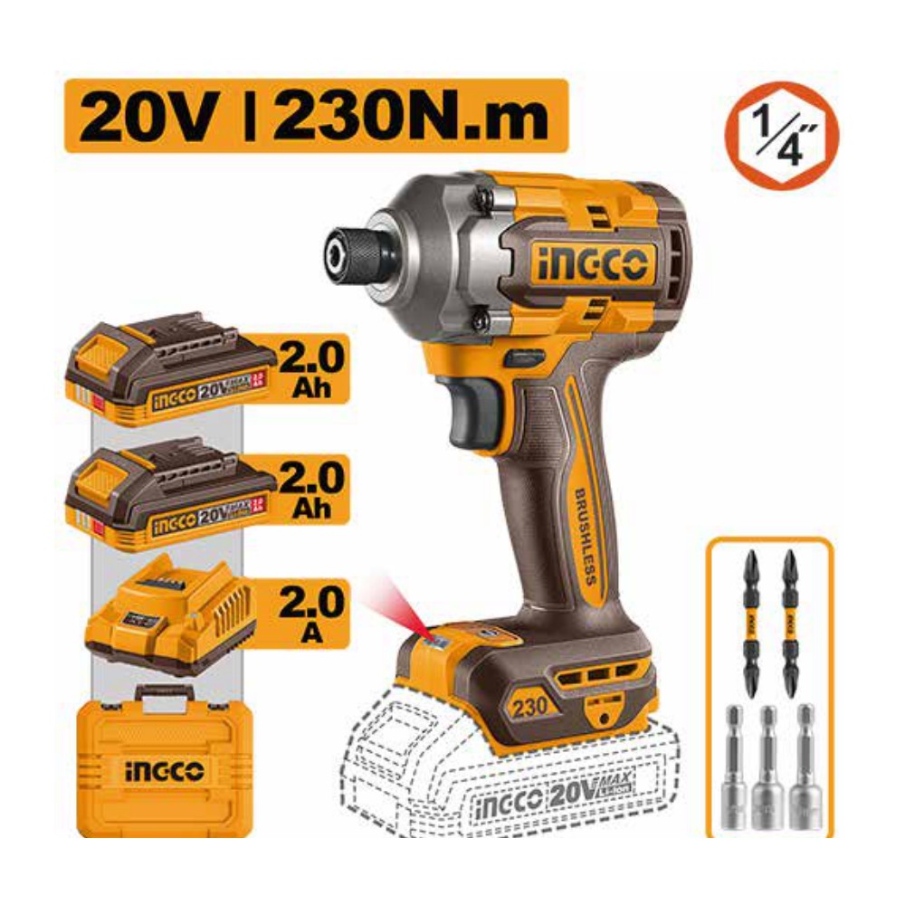 Atornillador de impacto 1/4" BL 20V 230 N.m + 2 baterías 2.0Ah + cargador + maleta INGCO