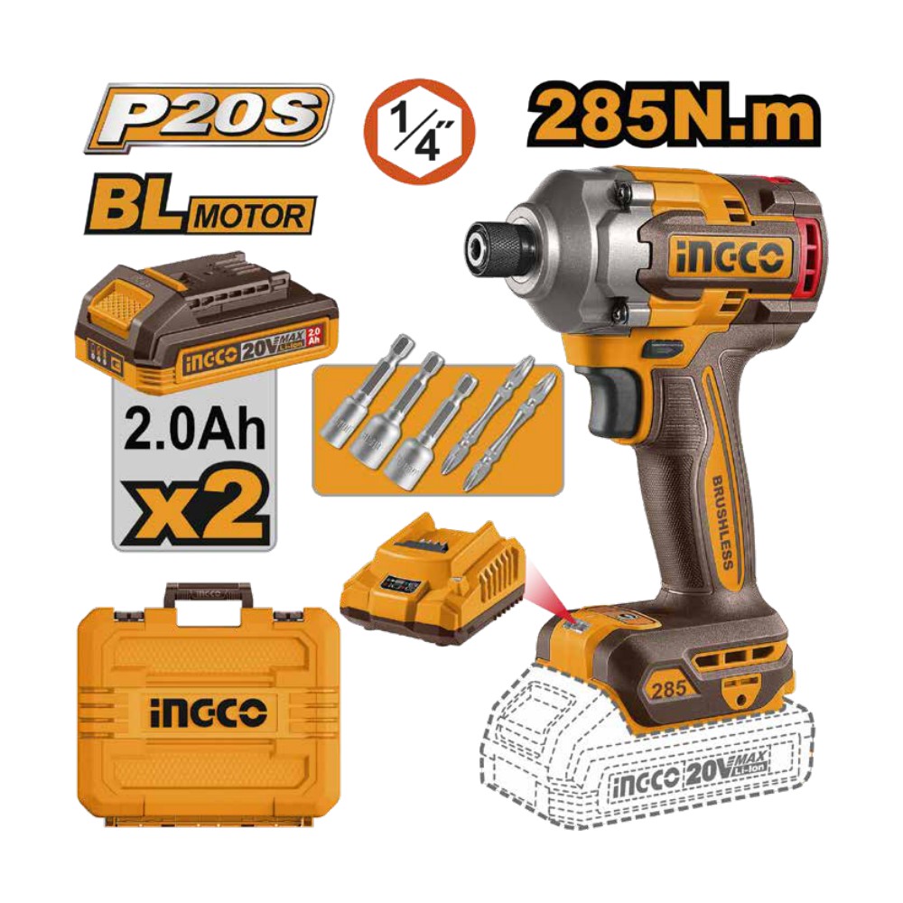 Atornillador de impacto 1/4" BL 20V 285 N.m + 2 baterías 2.0Ah + cargador + maleta