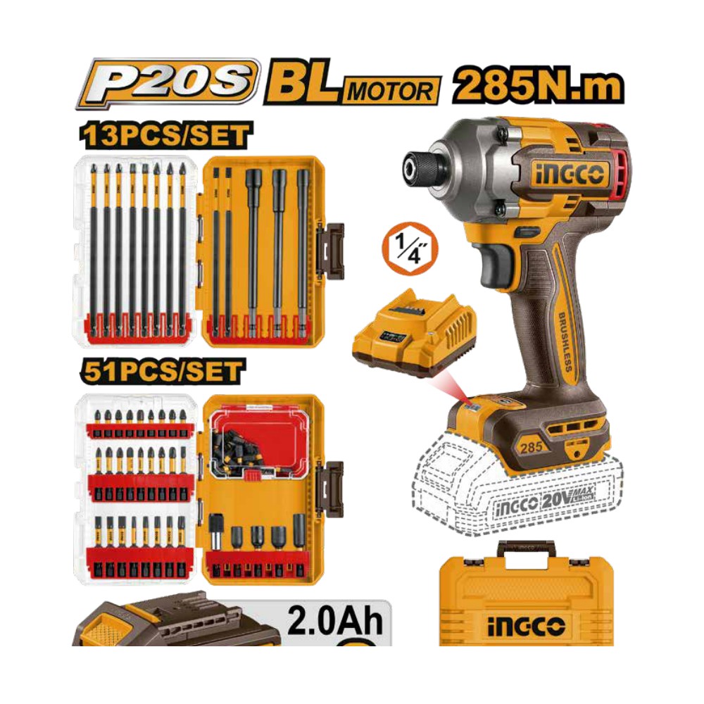 Atornillador de impacto 1/4" BL 20V 285 N.m + 2 baterías 2.0Ah + cargador + accesorios + maleta