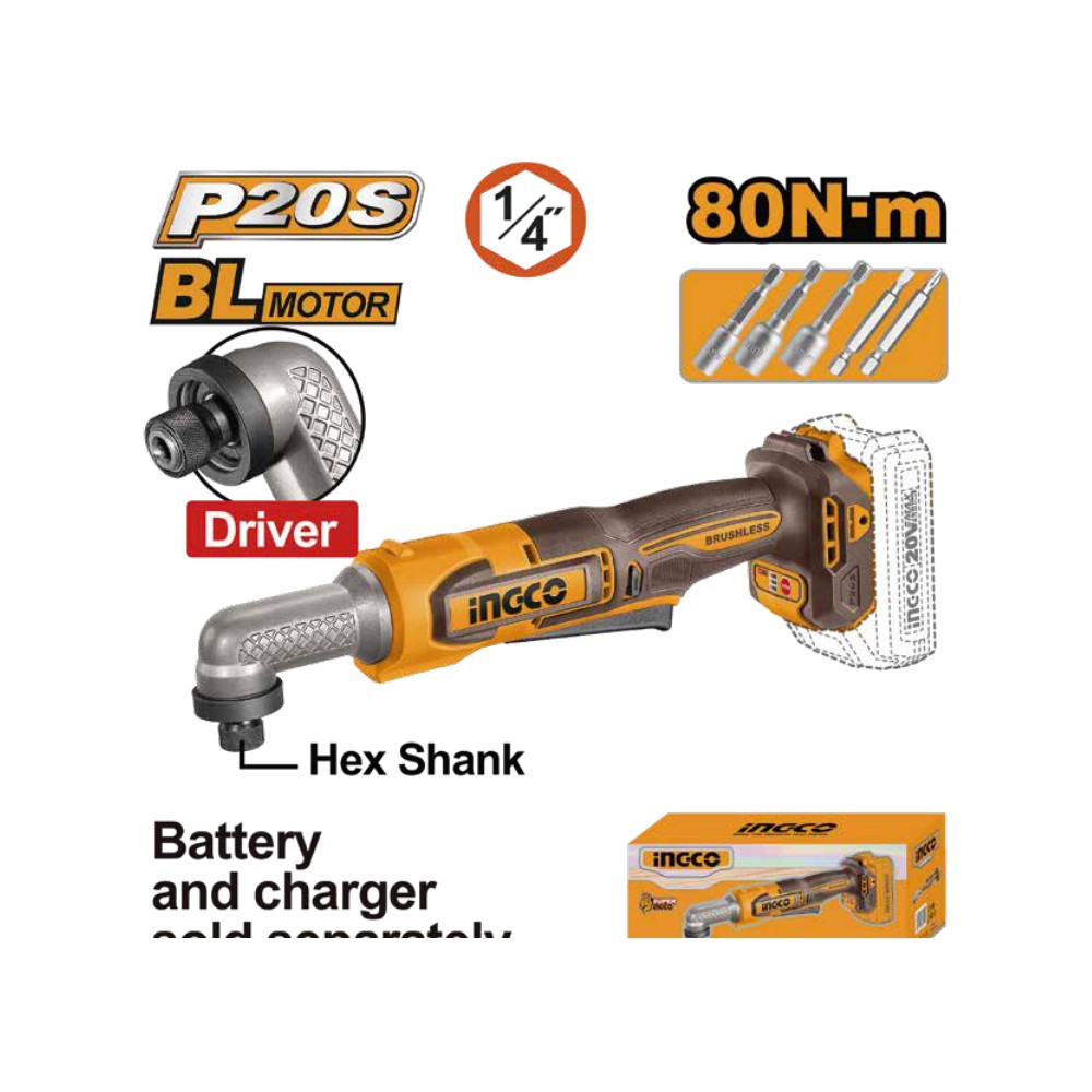 Atornillador de impacto angular 1/4" BL 20V 80 N.m INGCO