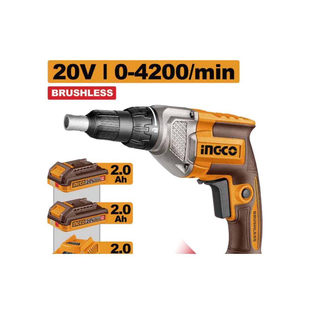 Atornillador inalámbrico para yeso 1/4" hex BL 20V + 2 baterías 2.0Ah + cargador + maleta INGCO