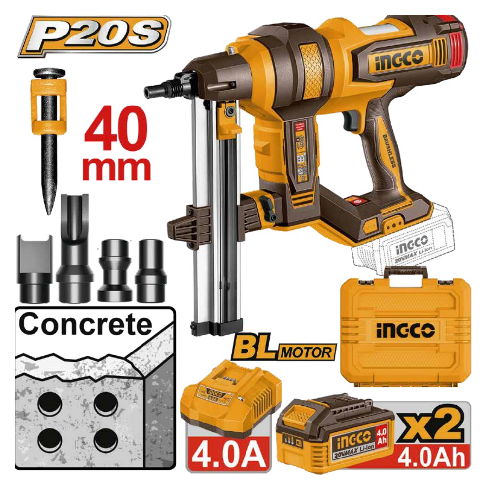 Clavadora inalámbrica de iones de litio para hormigon 19-40MM 20V + 2 baterías 4.0Ah + cargador + maleta INGCO