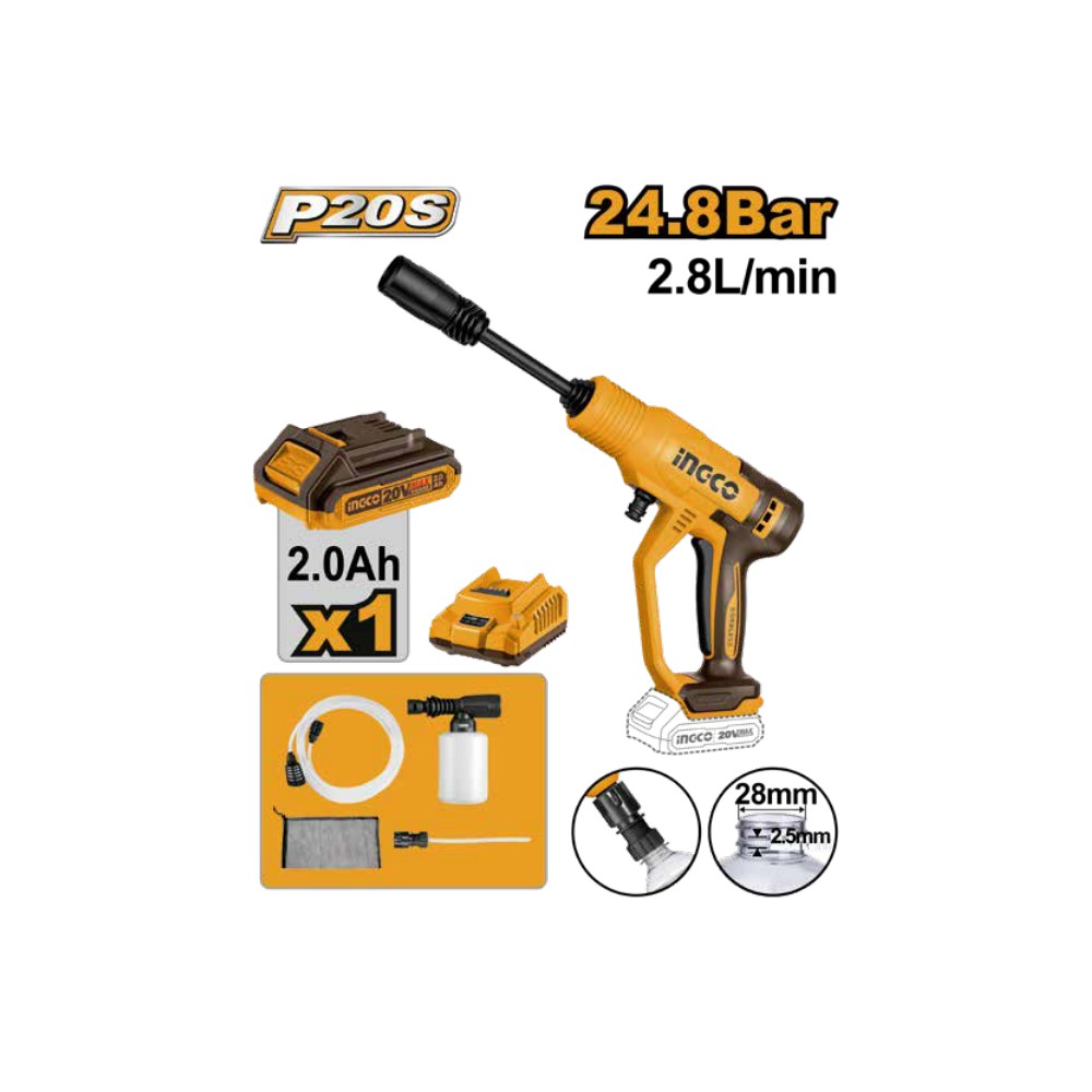 Hidrolavadora a presión inalámbrica 2,8L/MIN 20V + 1 batería 2.0Ah + cargador