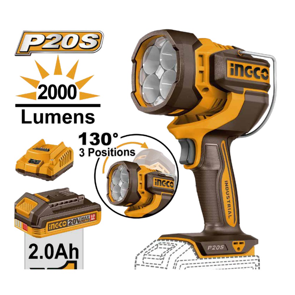 Linterna de trabajo inalámbrica 2000LM 20V + 1 batería 2.0Ah + cargador