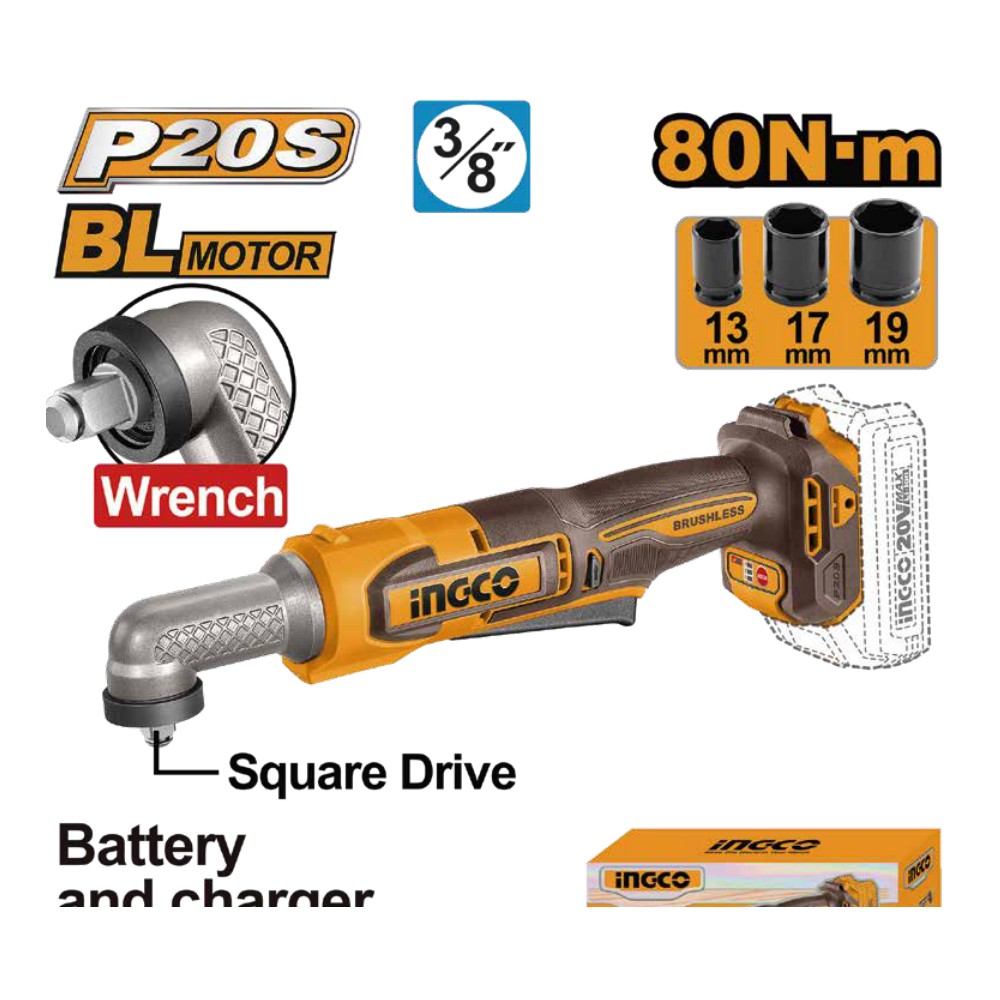Llave de impacto angular 3/8" inalámbrica 20V 80 N.m INGCO