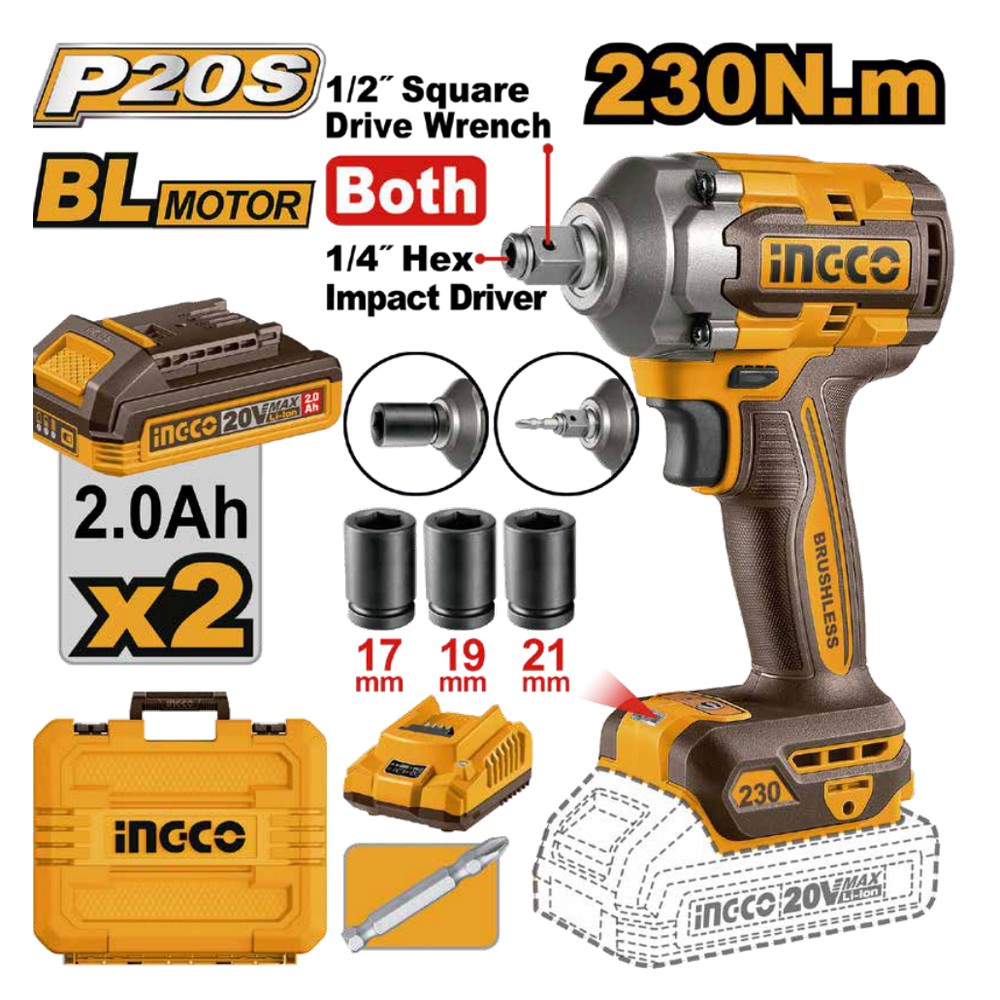Llave de impacto inalámbrica 1/2" BL 20V 230 N.m + 2 baterías 2.0Ah + cargador + maleta INGCO