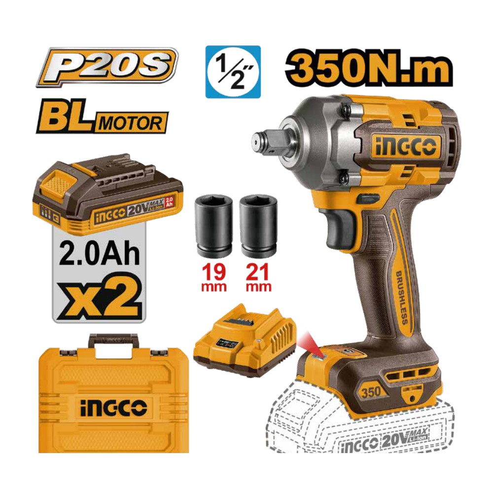 Llave de impacto inalámbrica 1/2" BL 20V 350 N.m + 2 baterías 2.0Ah + cargador + maleta