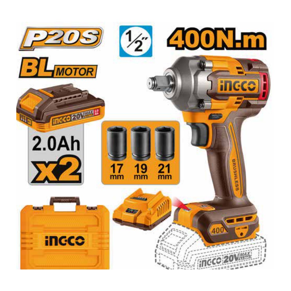 Llave de impacto inalámbrica 1/2" BL 20V 400 N.m + 2 baterías 2.0Ah + cargador + maleta INGCO