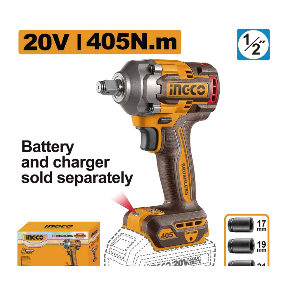 Llave de impacto inalámbrica 1/2" BL 20V 405 N.m INGCO