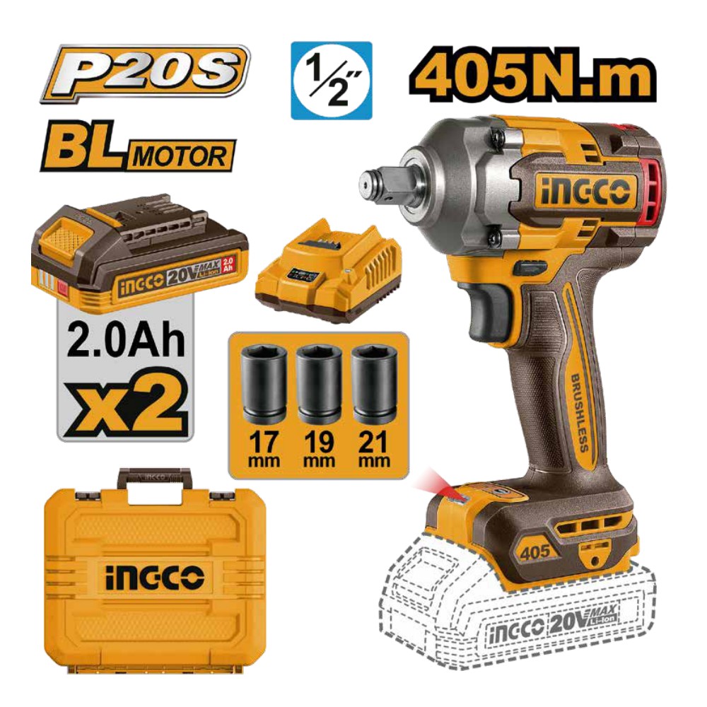 Llave de impacto inalámbrica 1/2" BL 20V 405 N.m + 2 baterías 2.0Ah + cargador + maleta