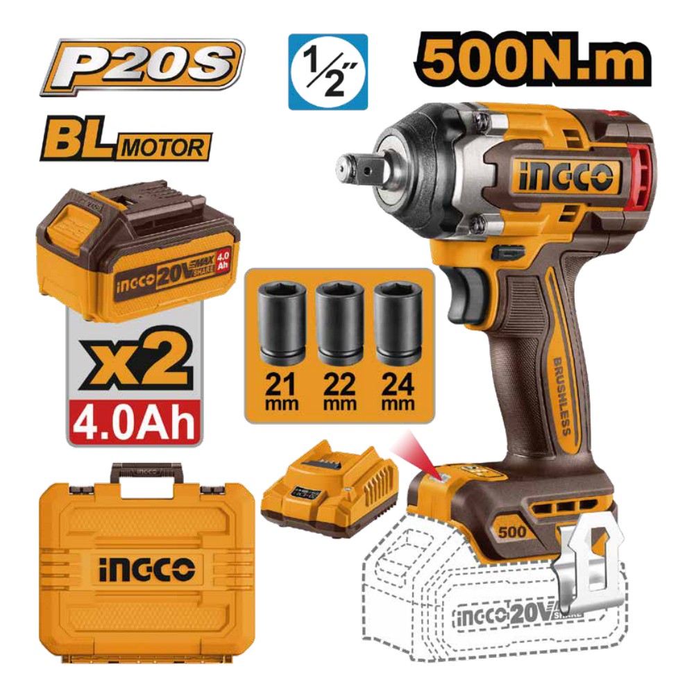 Llave de impacto inalámbrica 1/2" BL 20V 500 N.m + 2 baterías 4.0Ah + cargador + maleta INGCO