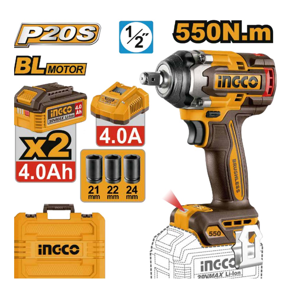 Llave de impacto inalámbrica 1/2" BL 20V 550 N.m + 2 baterías 4.0Ah + cargador + maleta