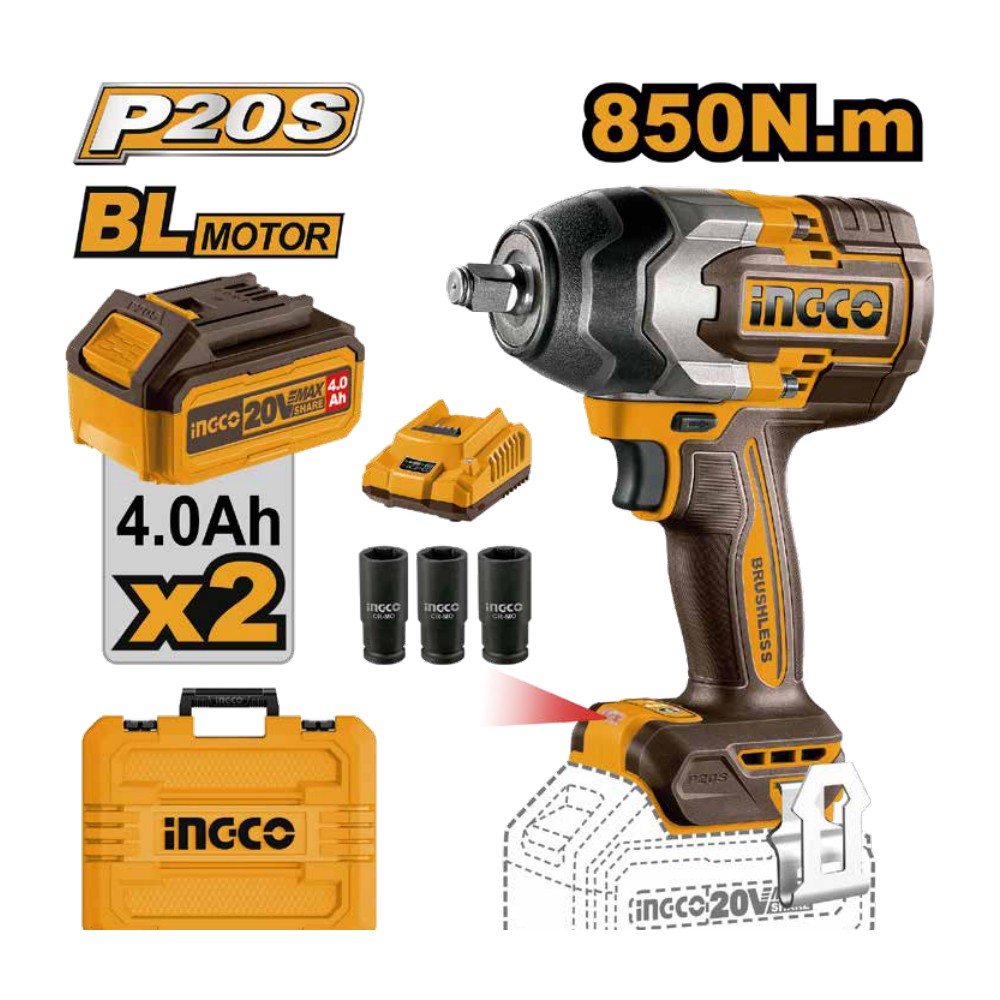 Llave de impacto inalámbrica 1/2" BL 20V 850 N.m + 2 baterías 4.0Ah + cargador + maleta