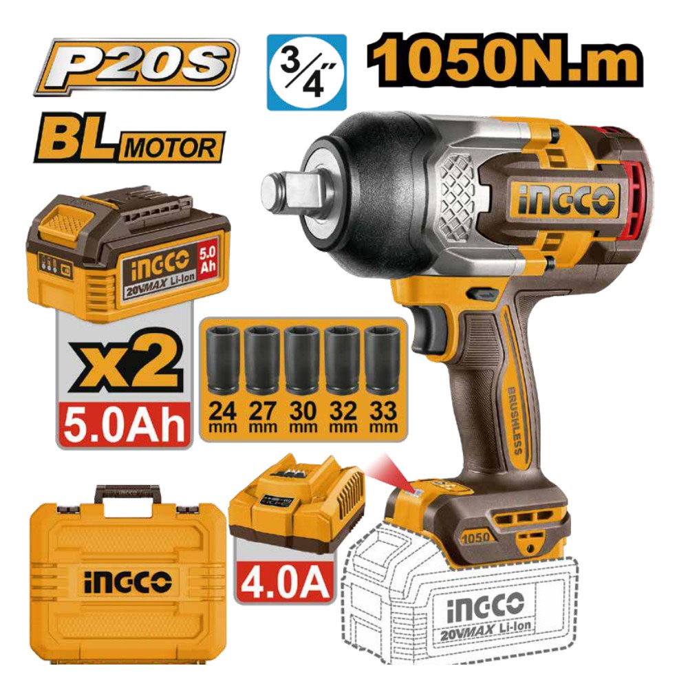 Llave de impacto inalámbrica 3/4" BL 20V 1050 N.m + 2 baterías 5.0Ah + cargador + maleta