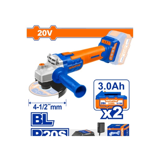 Amoladora angular 4 1/2" BL 20V + 2 baterías 3.0Ah + cargador