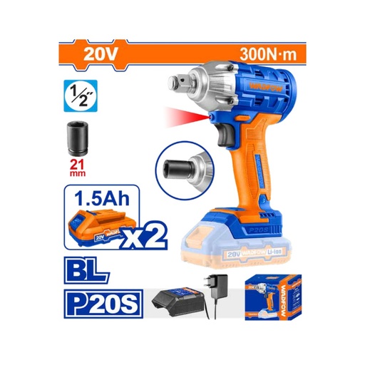 Llave de impacto inalámbrica 1/2" BL 20V 300 N.m + 2 baterías 1.5Ah + cargador