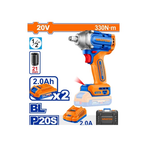 Llave de impacto inalámbrica 1/2" BL 20V 330 N.m + 2 baterías 2.0Ah + cargador + maleta