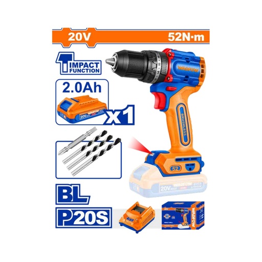 Taladro de impacto 1/2" 20V 52 N.m + 1 batería 2.0Ah + cargador