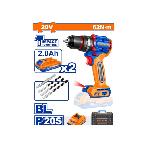 Taladro de impacto 1/2" 20V 62 N.m + 2 baterías 2.0Ah + cargador + maleta